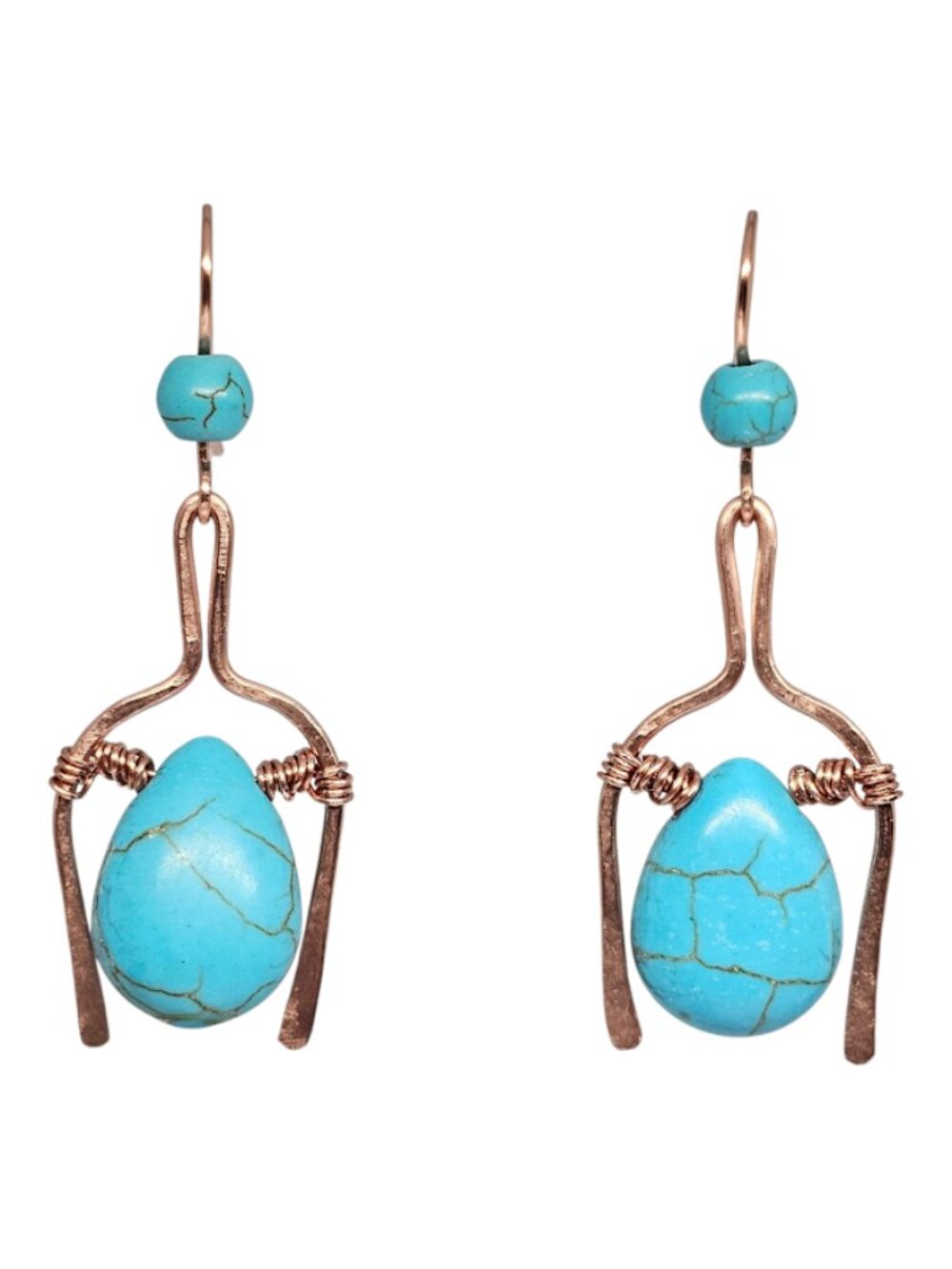 Handmade Turquoise Teardrop Gemstone Copper Wire Wrap Boho Dangle Earrings